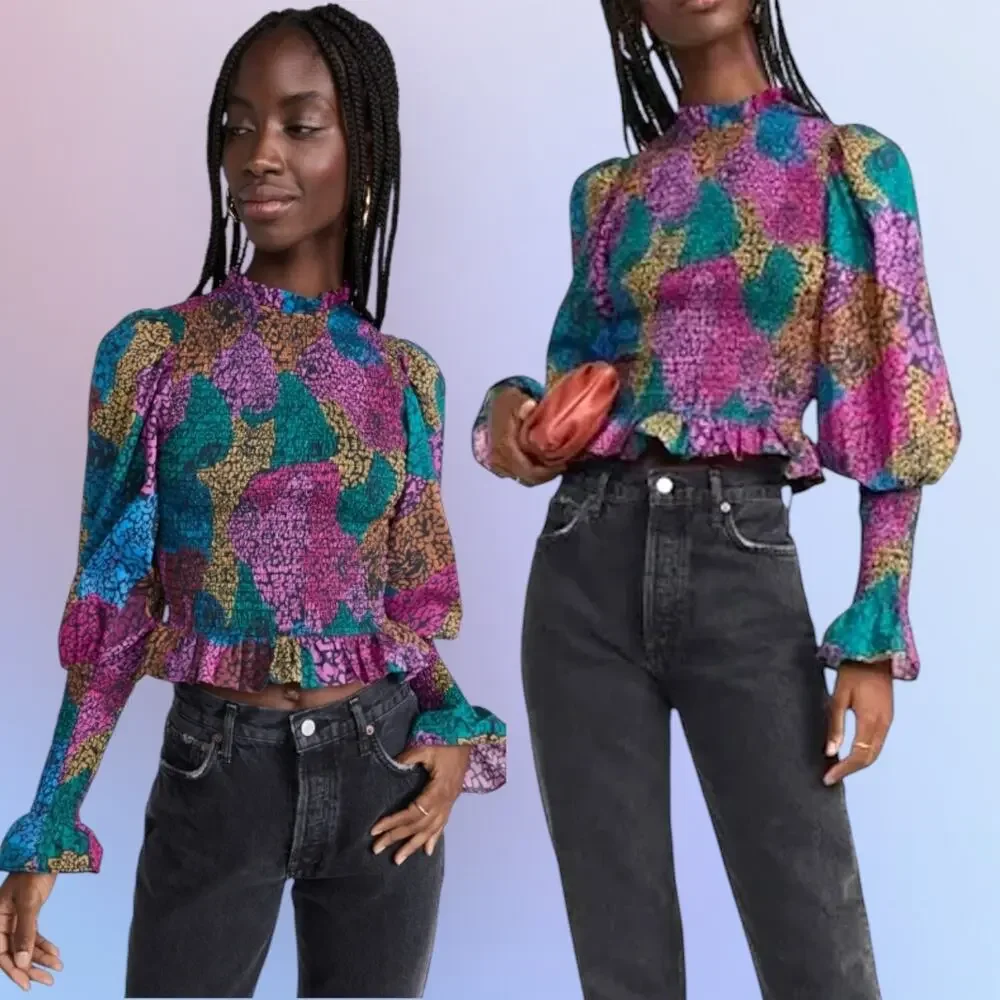 FARM RIO Leopard Rainbow Mix Blouse Smocked Ruffle Boho Cottagecore Glam Indie